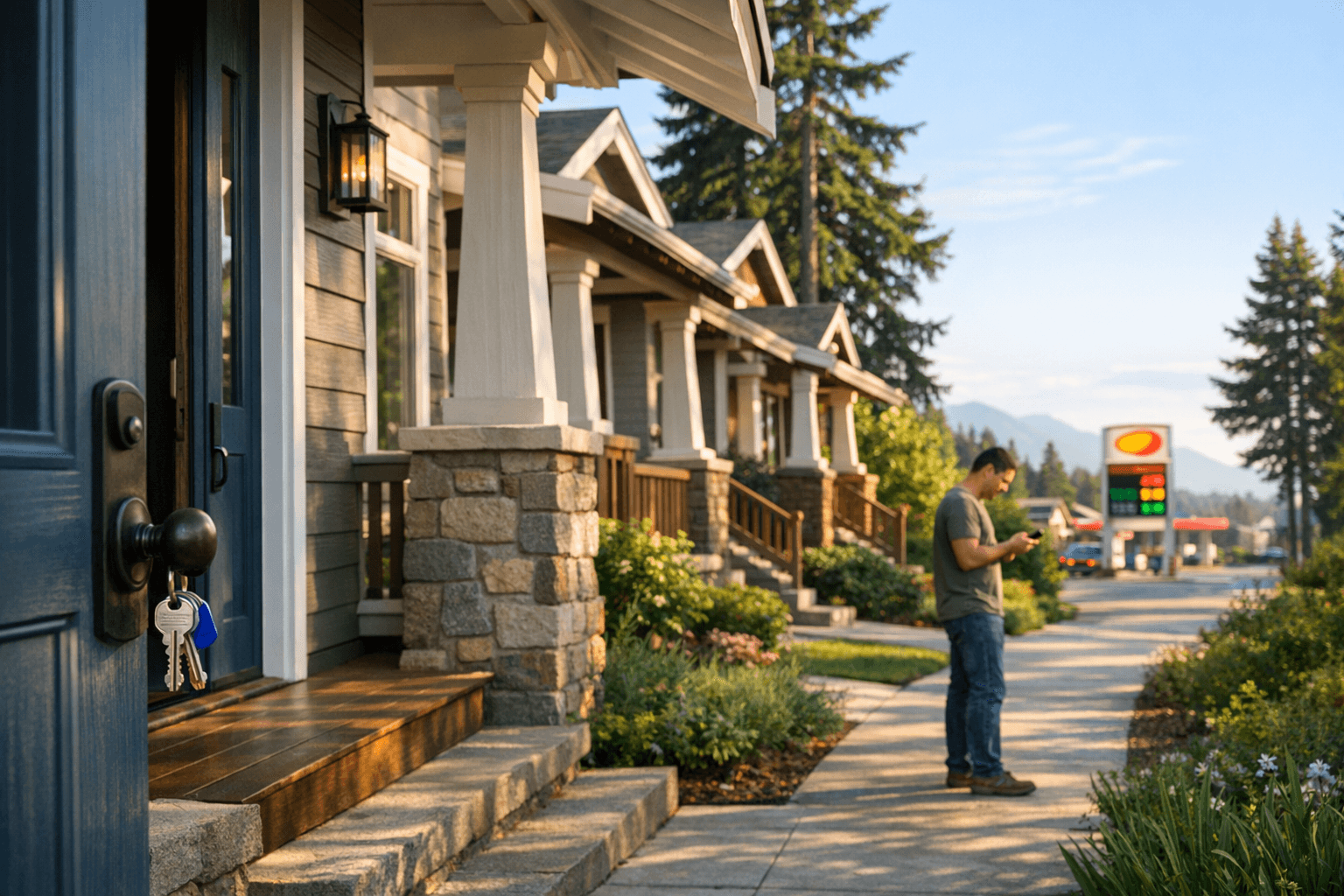 Homeowner outside townhomes checking phone as inflation and mortgage rate news shifts